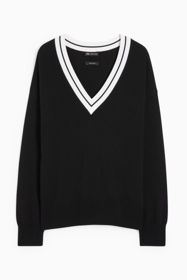 Women - V-neck jumper with cashmere - black