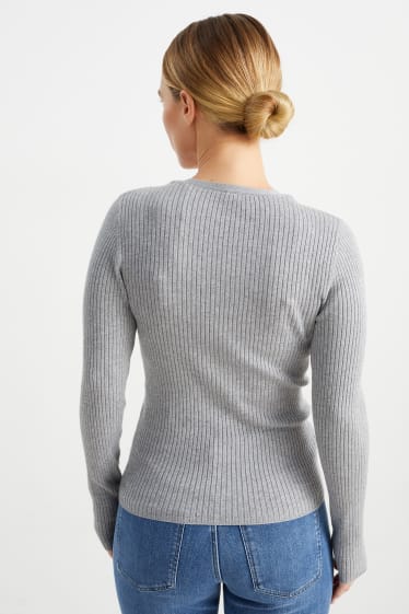 Dames - Basic trui met V-hals - geribd - grijs
