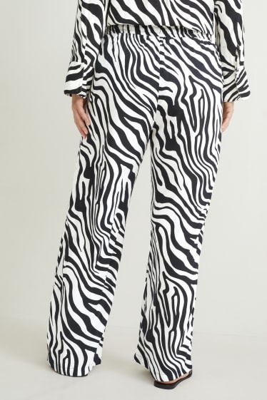 Femei - Pantaloni de stofă - talie medie - wide leg - cu model - negru / alb