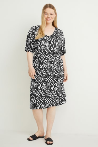 Damen - Kleid mit V-Ausschnitt - gemustert - schwarz / weiß