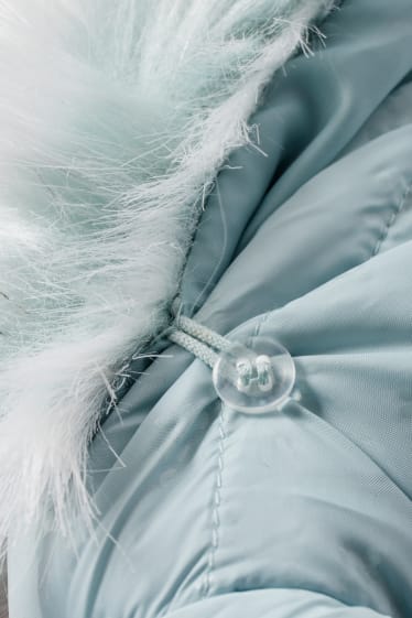 Copii - Frozen - jachetă matlasată cu glugă și aplicații din blană artificială - turcoaz deschis