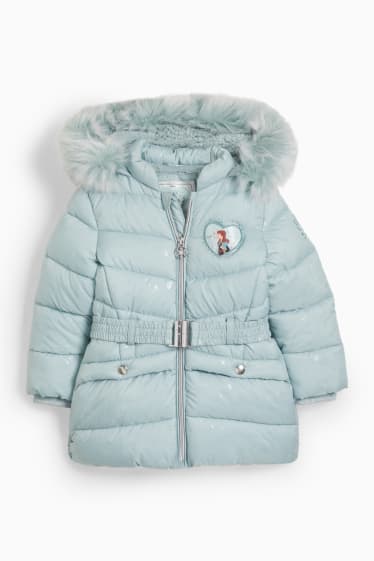 Copii - Frozen - jachetă matlasată cu glugă și aplicații din blană artificială - turcoaz deschis