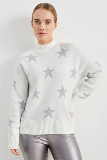 Damen - Pullover - Sterne - weiß