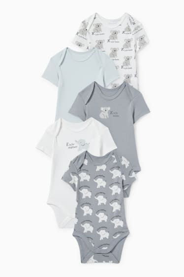 Babies - Multipack of 5 - koala and elephant - baby bodysuit - gray