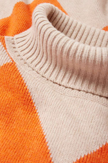 Women - Polo neck jumper with cashmere - check - orange