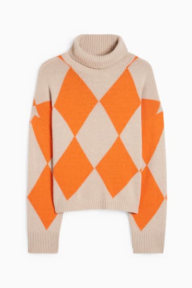 Women - Polo neck jumper with cashmere - check - orange