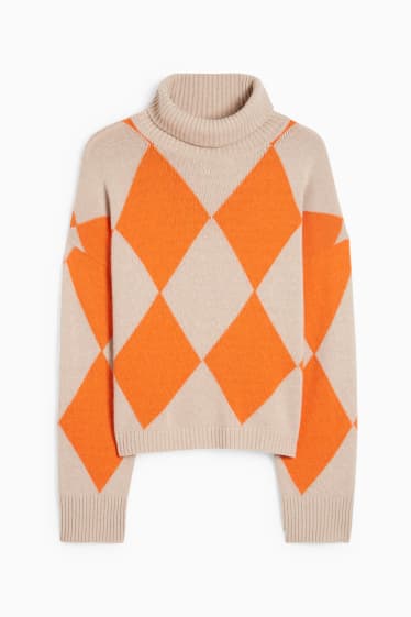 Women - Polo neck jumper with cashmere - check - orange