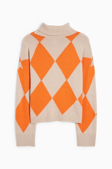 Women - Polo neck jumper with cashmere - check - orange