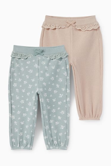 Baby: meisjes - Set van 2 - bloemetjes - babyjoggingbroek - mintgroen