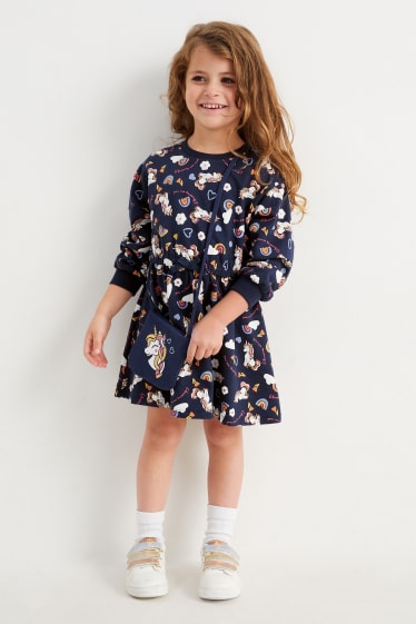 Kinderen: meisjes - Eenhoorn - set - sweatjurk en tasje - 2-delig - donkerblauw