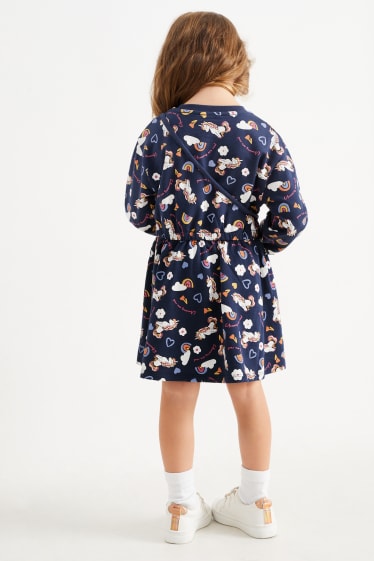 Kinderen: meisjes - Eenhoorn - set - sweatjurk en tasje - 2-delig - donkerblauw