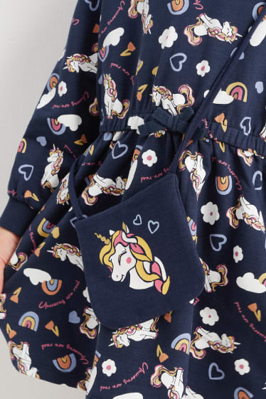 Kinderen: meisjes - Eenhoorn - set - sweatjurk en tasje - 2-delig - donkerblauw