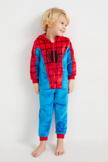 Dzieci - Spider-Man - polarowy kombinezon z kapturem - czerwony / niebieski