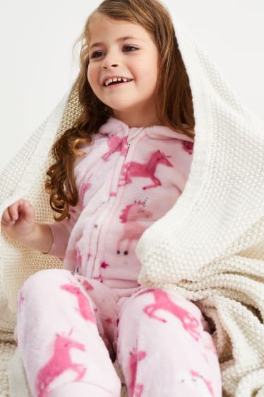 Dětské - Motiv jednorožce - fleecový overal s kapucí - růžová
