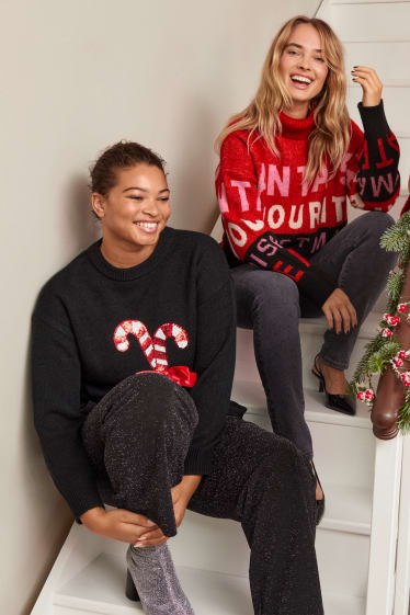 Dames - Trui voor de kerst - zuurstok - glanseffect - zwart