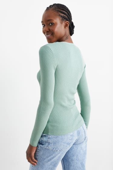 Femmes - Pullover basique à col V - matière côtelée - vert menthe