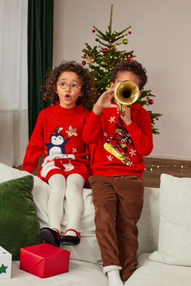 Kinder Mädchen - Tiere - Set - Weihnachts-Strickkleid und Strumpfhose - rot