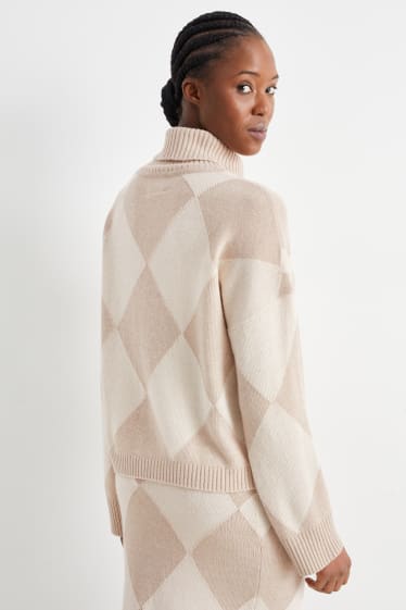 Femmes - Pull à col roulé en cachemire mélangé - à carreaux - beige