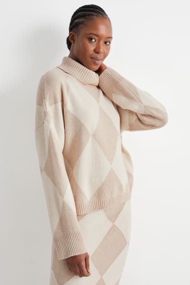 Femmes - Pull à col roulé en cachemire mélangé - à carreaux - beige
