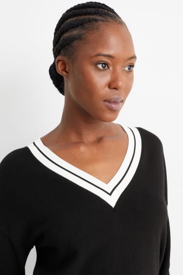 Women - V-neck jumper with cashmere - black