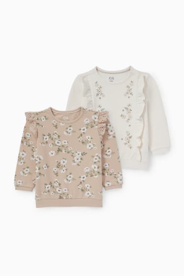 Babys - Set van 2 - bloemetjes - baby-sweatshirt - beige