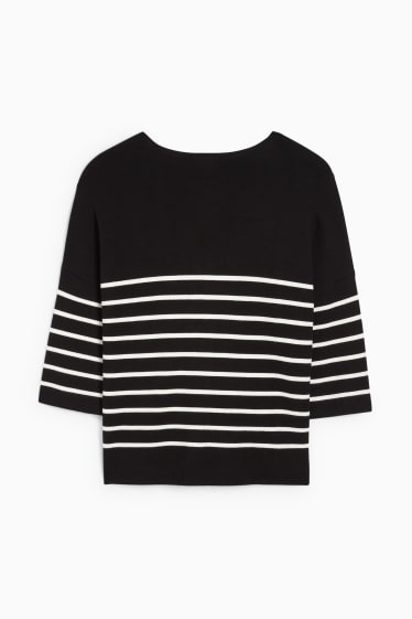 Women - Basic fine knit jumper - striped - black