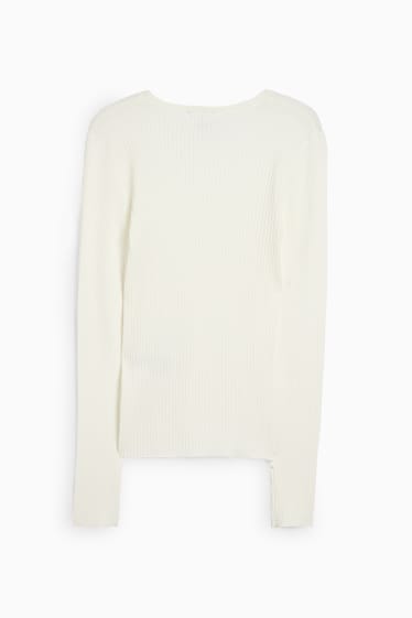 Femmes - Pullover basique à col V - matière côtelée - blanc crème