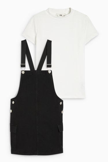 Kinder - Set - Kurzarmshirt und Jeans-Latzkleid - 2 teilig - schwarz / weiß