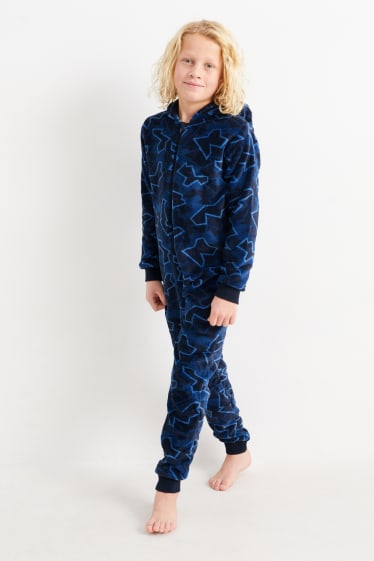 Kinderen: jongens - Onesie van fleece, met capuchon - donkerblauw