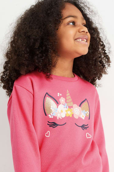 Kinderen - Set van 2 - eenhoorn en bloemen - sweatshirt - fuchsiarood