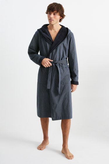 Men - Bathrobe with hood - striped - dark blue