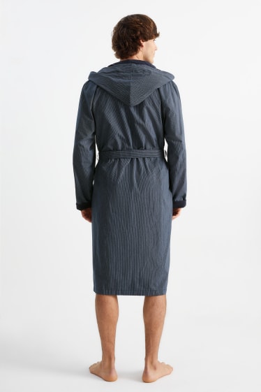 Men - Bathrobe with hood - striped - dark blue