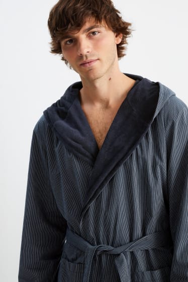 Men - Bathrobe with hood - striped - dark blue