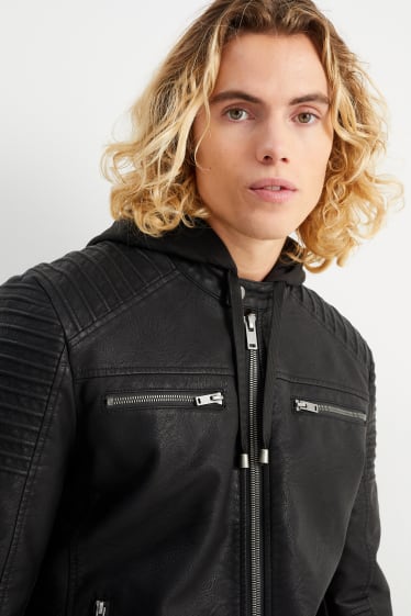 Men - Biker jacket with hood - faux leather - black