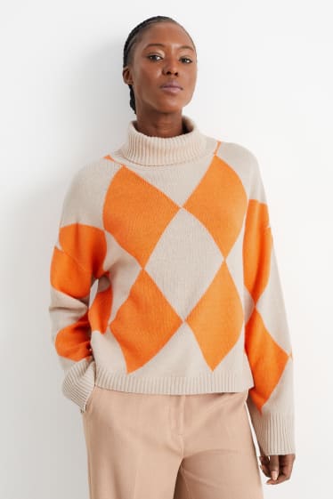Women - Polo neck jumper with cashmere - check - orange