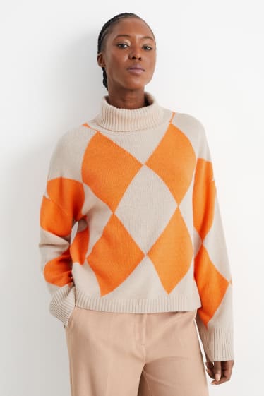 Damen - Rollkragenpullover mit Kaschmir-Anteil - kariert - orange