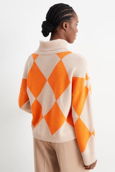 Women - Polo neck jumper with cashmere - check - orange