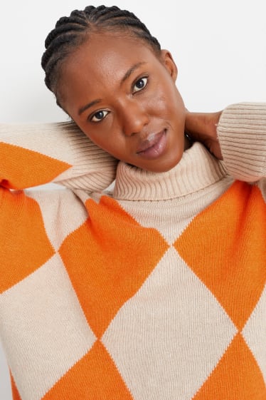 Women - Polo neck jumper with cashmere - check - orange