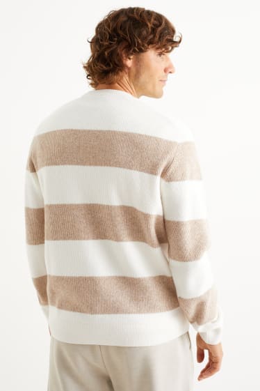 Uomo - Maglione - a coste - a righe - bianco / beige
