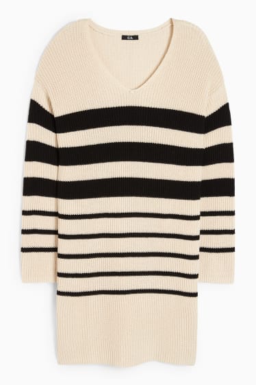 Femmes - Robe en maille avec encolure en V - à rayures - beige clair