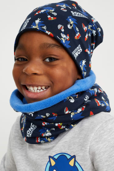 Kinderen: jongens - Sonic - set - muts en colsjaal - 2-delig - donkerblauw