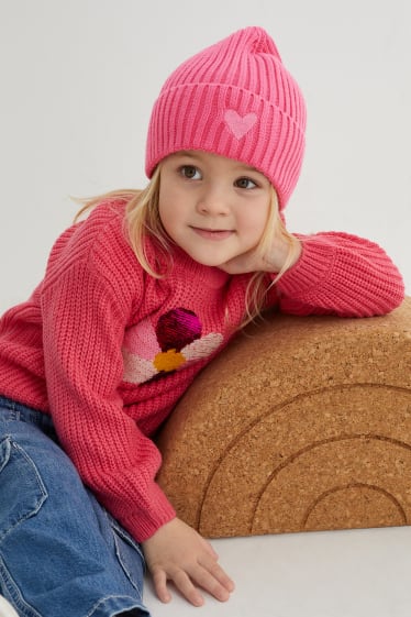 Dětské - Motiv srdíčka - pletená čepice - růžová