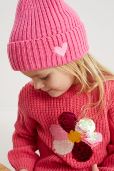 Dětské - Motiv srdíčka - pletená čepice - růžová