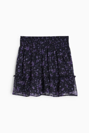Mujer - Minifalda de chifón - de flores - azul oscuro