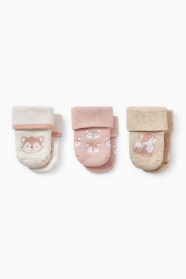 Bébés - Lot de 3 paires - renard - chaussettes nouveau-né à motif - beige clair