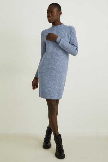 Women - Knitted dress      - blue-melange