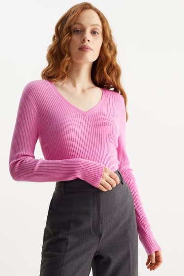 Damen - Basic-Pullover mit V-Ausschnitt - gerippt - pink
