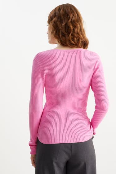 Kobiety - Sweter z linii basic z dekoltem w szpic - prążkowany - różowy