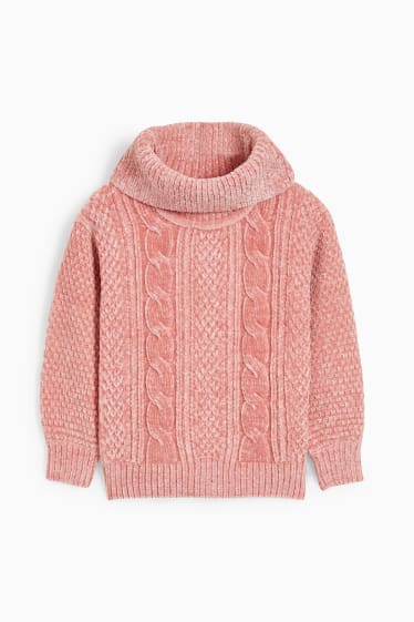 Enfants - Pull à col roulé en maille chenille - motif tressé - rose