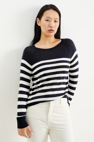 Women - Basic jumper - striped - dark blue